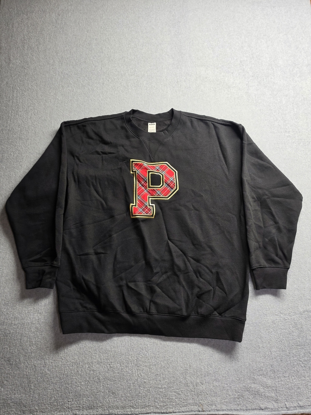 Victoria's Secret PINK Black Campus Fleece Oversized Crewneck Sweatshirt Size L